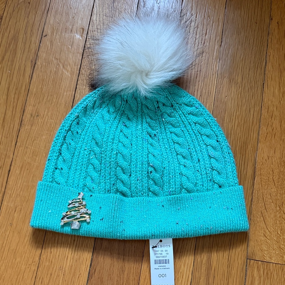 Talbots Teal Knit Beanie with Pom-Pom